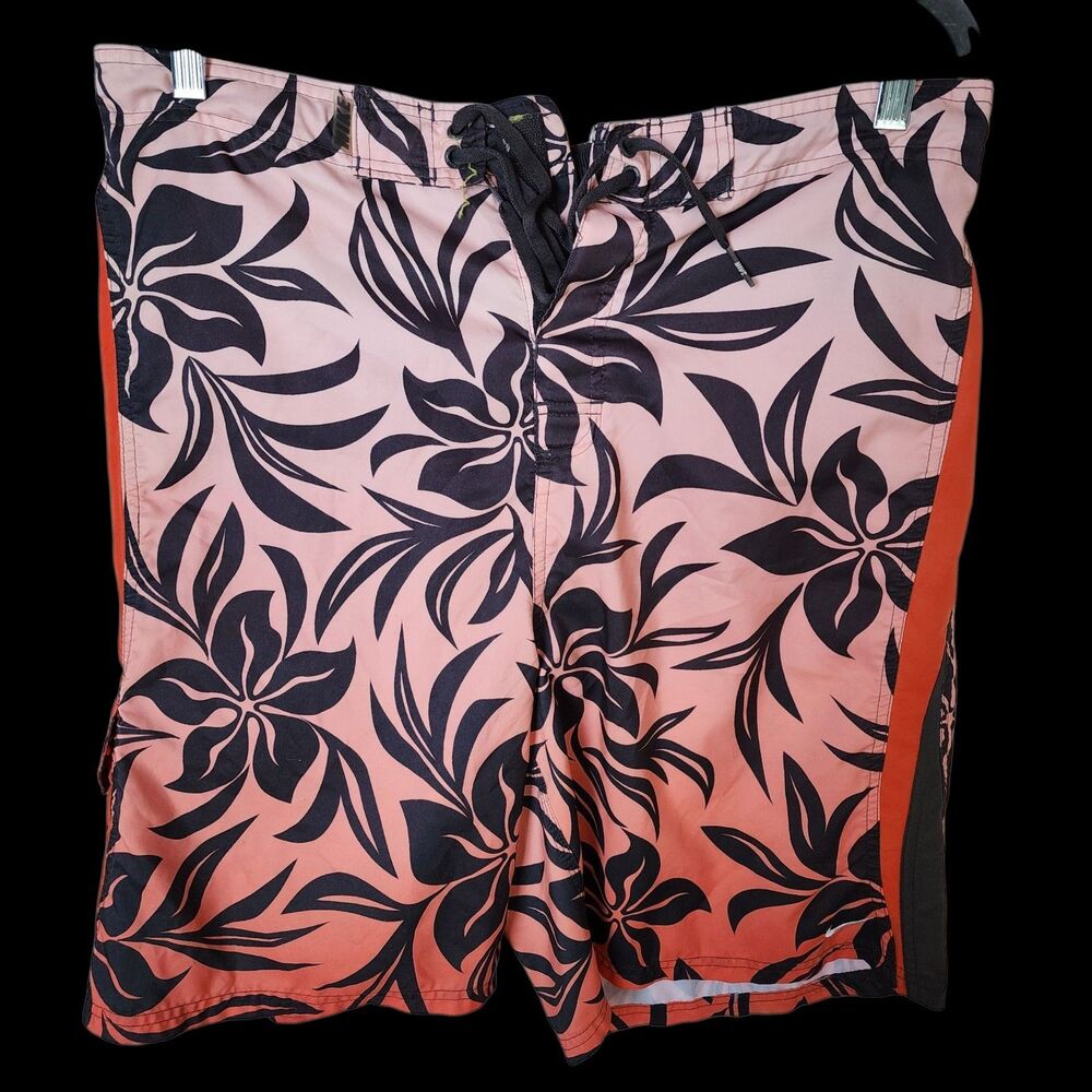 Vibrant Nike Swim Board Shorts Mens XL Orange Black Floral Hawaiian Print Cargo